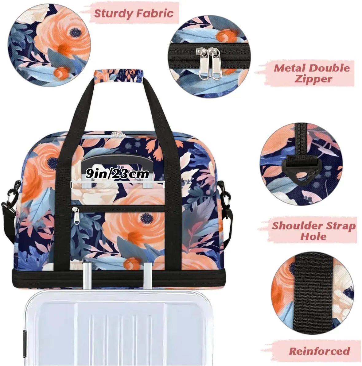 Delicate Flora Prints Retro Travel Duffle Bag, Collapsible Travel Bag Sports Gym Bag With Shoes Compartment Weekender Bag Overnight Bag For Women Men