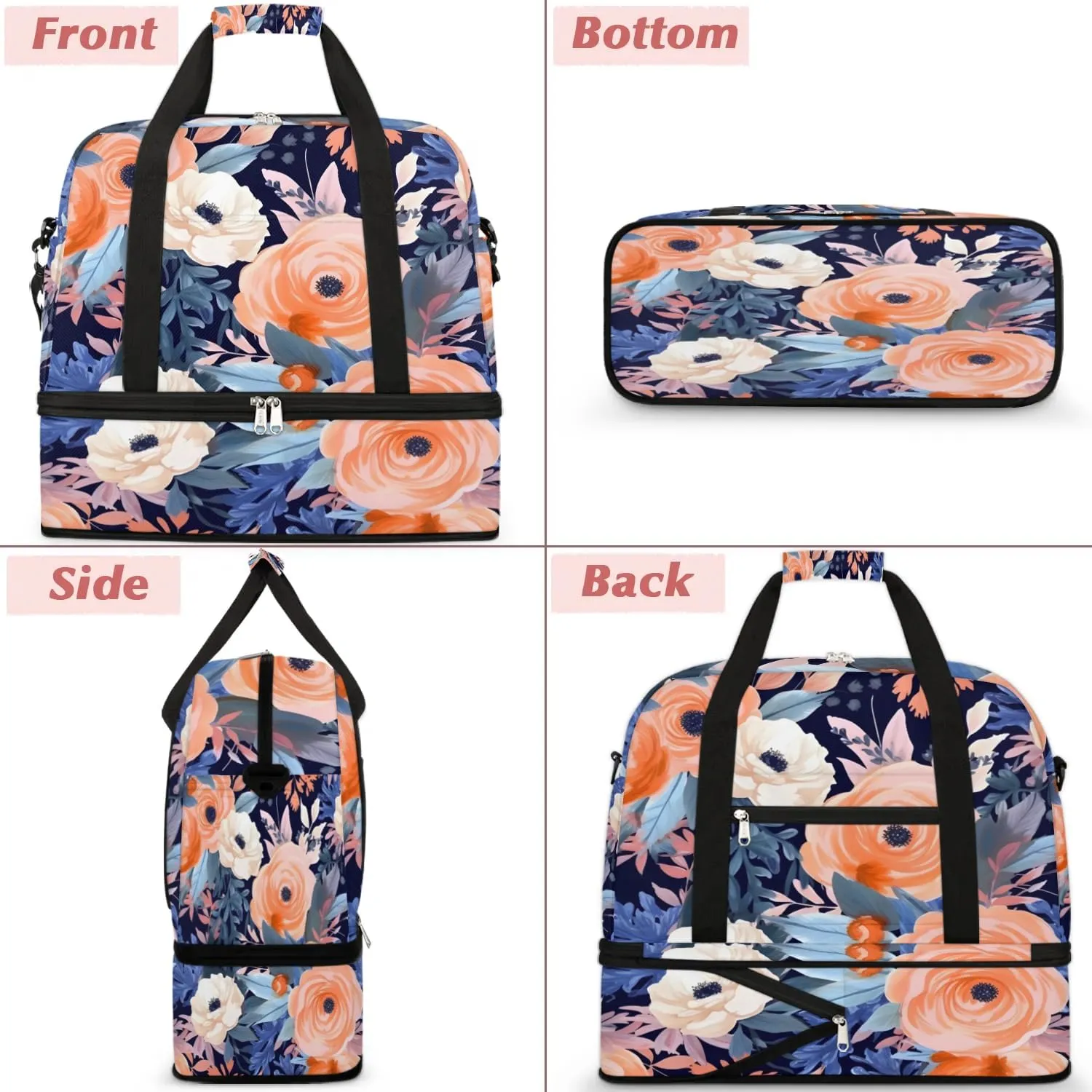 Delicate Flora Prints Retro Travel Duffle Bag, Collapsible Travel Bag Sports Gym Bag With Shoes Compartment Weekender Bag Overnight Bag For Women Men