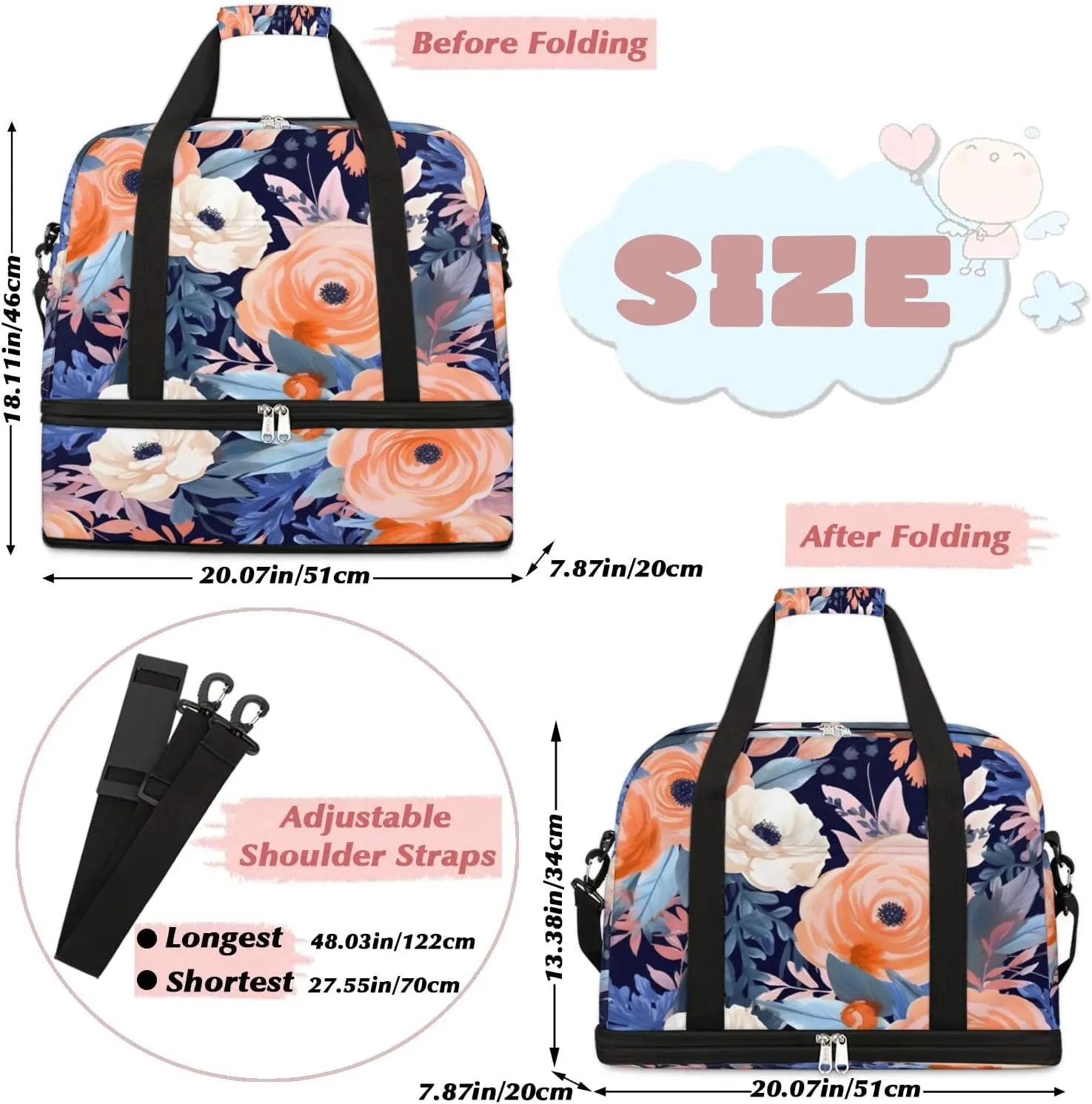 Delicate Flora Prints Retro Travel Duffle Bag, Collapsible Travel Bag Sports Gym Bag With Shoes Compartment Weekender Bag Overnight Bag For Women Men