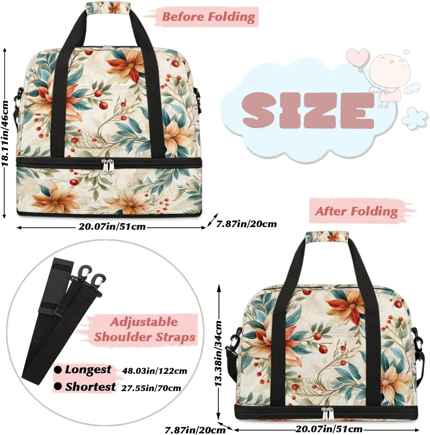 Delicate Flowers Pattern Retro Travel Duffle Bag, Collapsible Travel Bag Sports Gym Bag With Shoes Compartment Weekender Bag Overnight Bag For Women Men