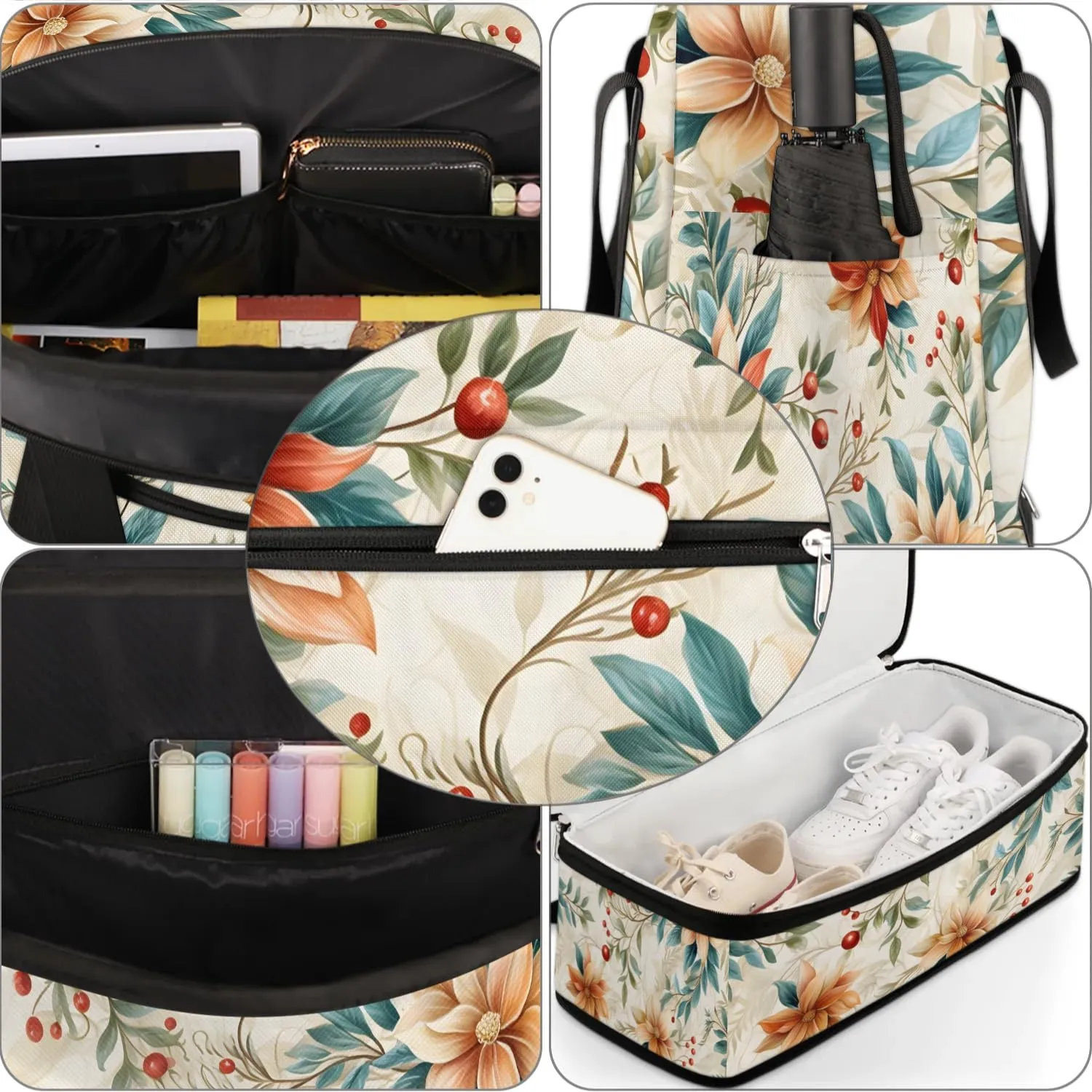 Delicate Flowers Pattern Retro Travel Duffle Bag, Collapsible Travel Bag Sports Gym Bag With Shoes Compartment Weekender Bag Overnight Bag For Women Men