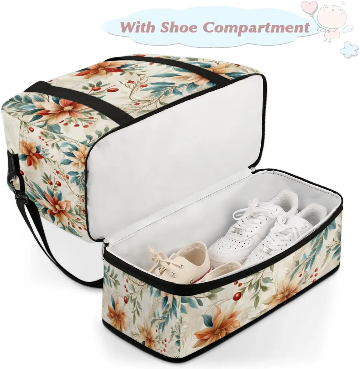Delicate Flowers Pattern Retro Travel Duffle Bag, Collapsible Travel Bag Sports Gym Bag With Shoes Compartment Weekender Bag Overnight Bag For Women Men