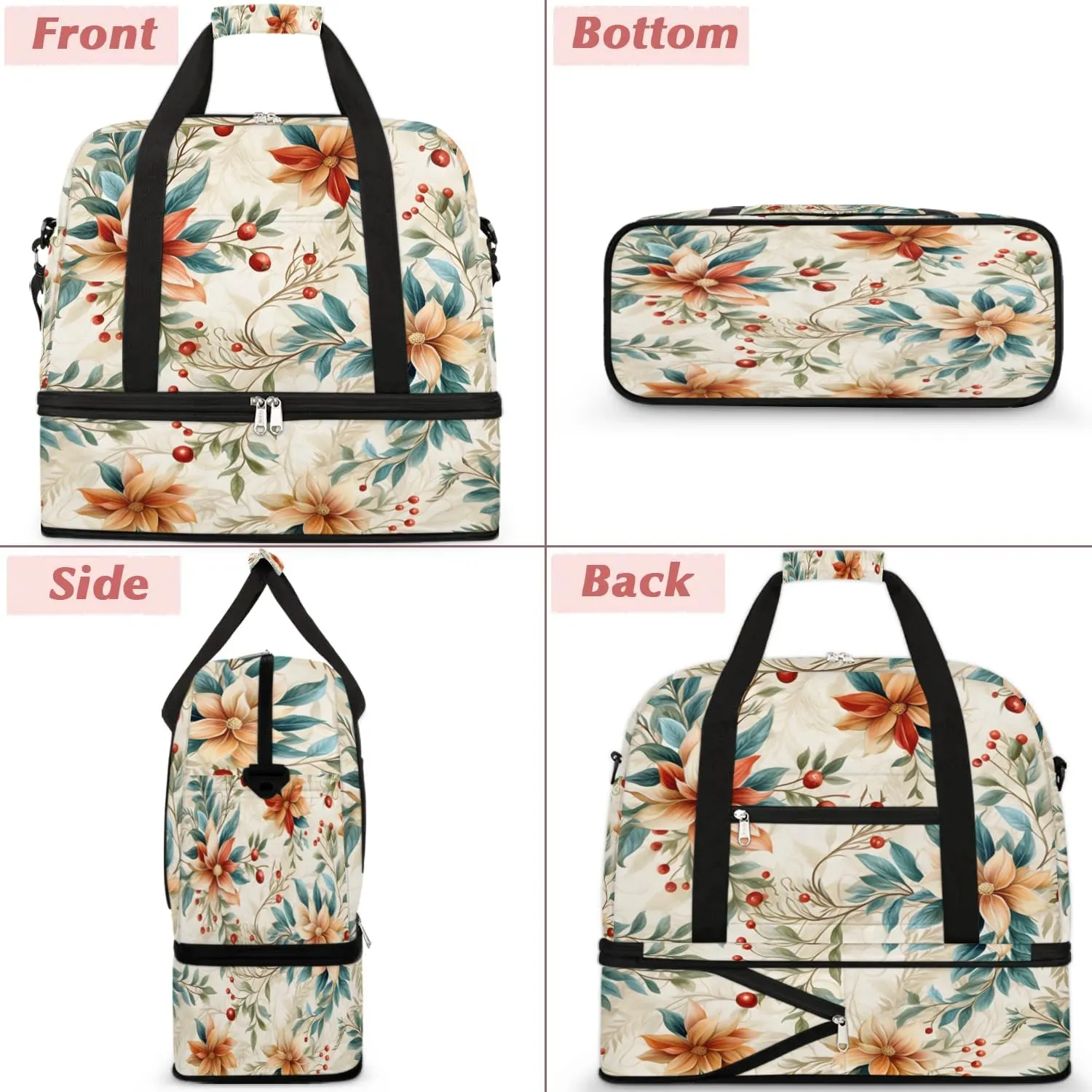 Delicate Flowers Pattern Retro Travel Duffle Bag, Collapsible Travel Bag Sports Gym Bag With Shoes Compartment Weekender Bag Overnight Bag For Women Men