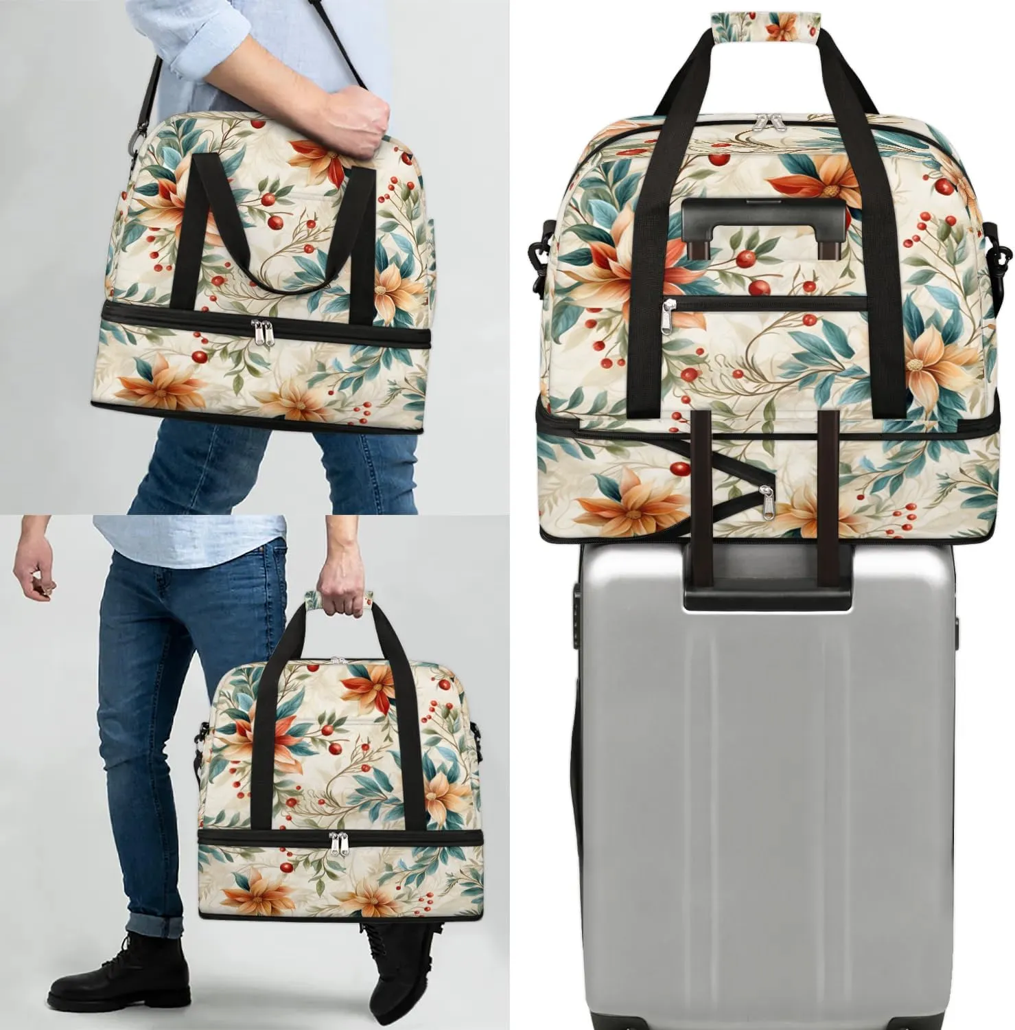 Delicate Flowers Pattern Retro Travel Duffle Bag, Collapsible Travel Bag Sports Gym Bag With Shoes Compartment Weekender Bag Overnight Bag For Women Men