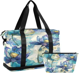 Delicate Lotus Pond Gym Bag for Women Sport Travel Duffel Bag Shoulder Weekender Overnight Bags with Wet Pocket & Shoe Compartment