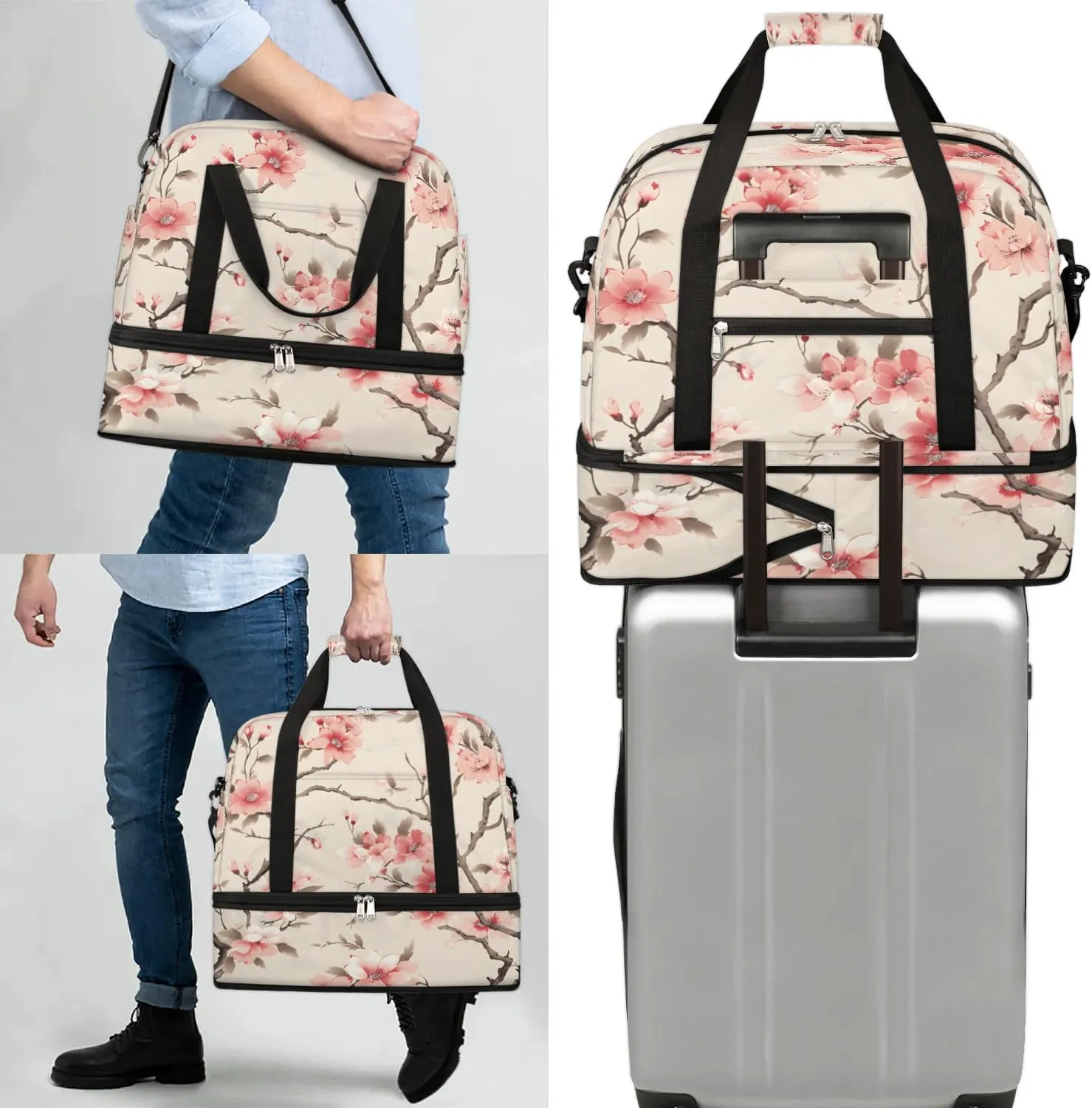 Delicate Patterns Flowers Retro Travel Duffle Bag, Collapsible Travel Bag Sports Gym Bag With Shoes Compartment Weekender Bag Overnight Bag For Women Men