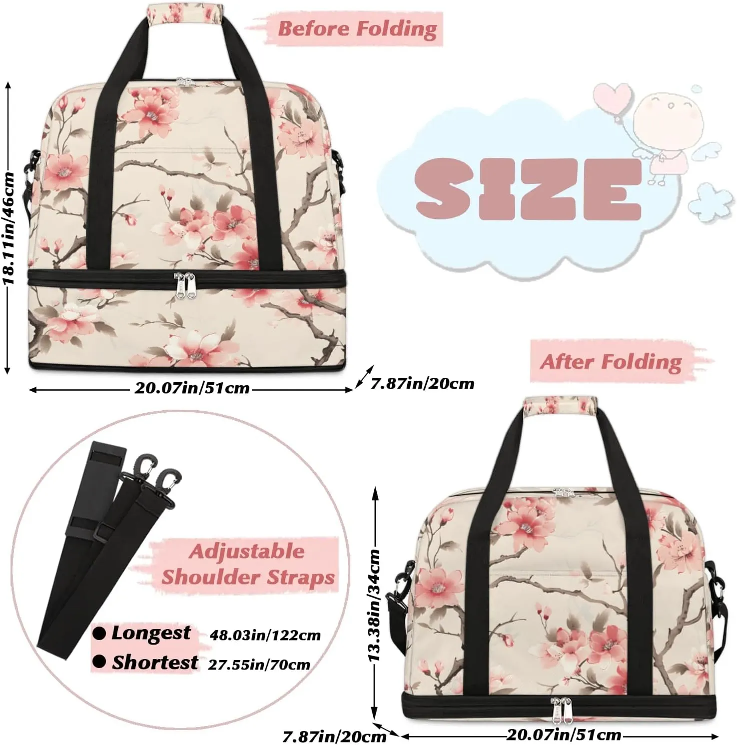 Delicate Patterns Flowers Retro Travel Duffle Bag, Collapsible Travel Bag Sports Gym Bag With Shoes Compartment Weekender Bag Overnight Bag For Women Men