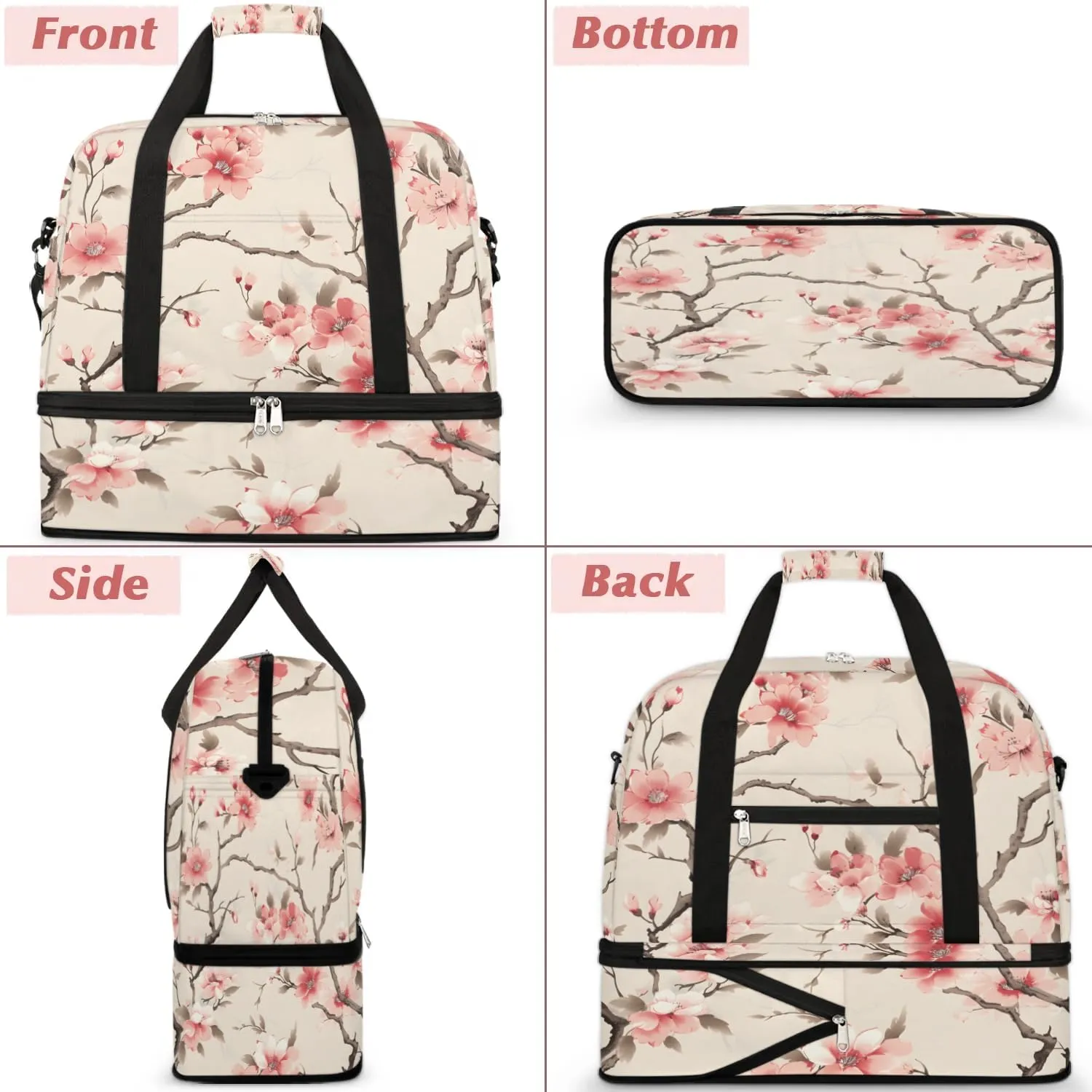 Delicate Patterns Flowers Retro Travel Duffle Bag, Collapsible Travel Bag Sports Gym Bag With Shoes Compartment Weekender Bag Overnight Bag For Women Men