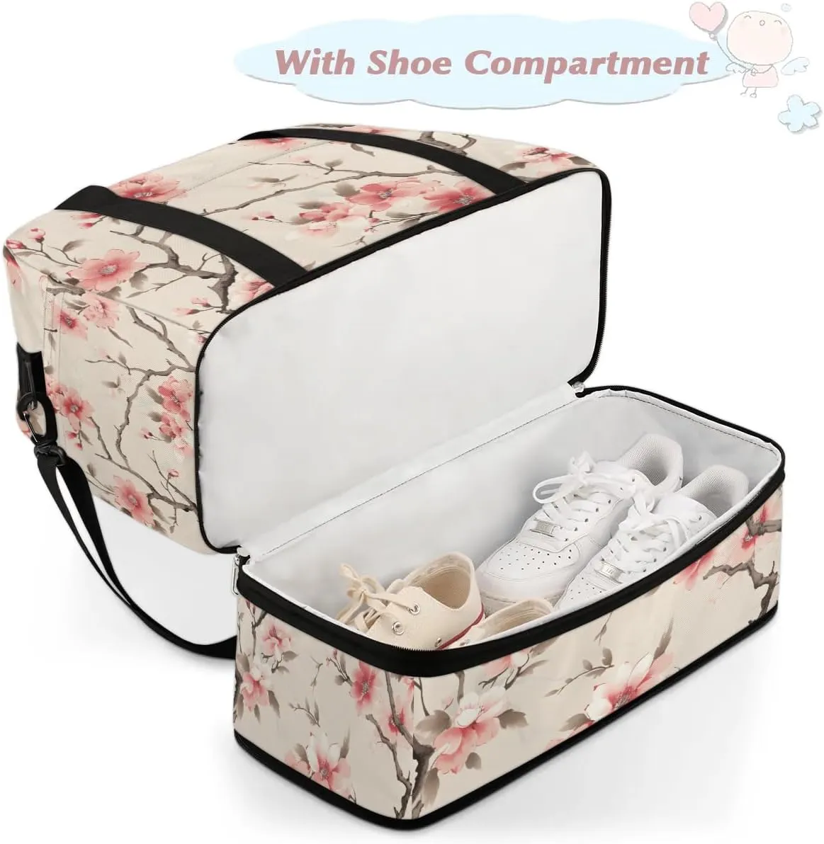 Delicate Patterns Flowers Retro Travel Duffle Bag, Collapsible Travel Bag Sports Gym Bag With Shoes Compartment Weekender Bag Overnight Bag For Women Men