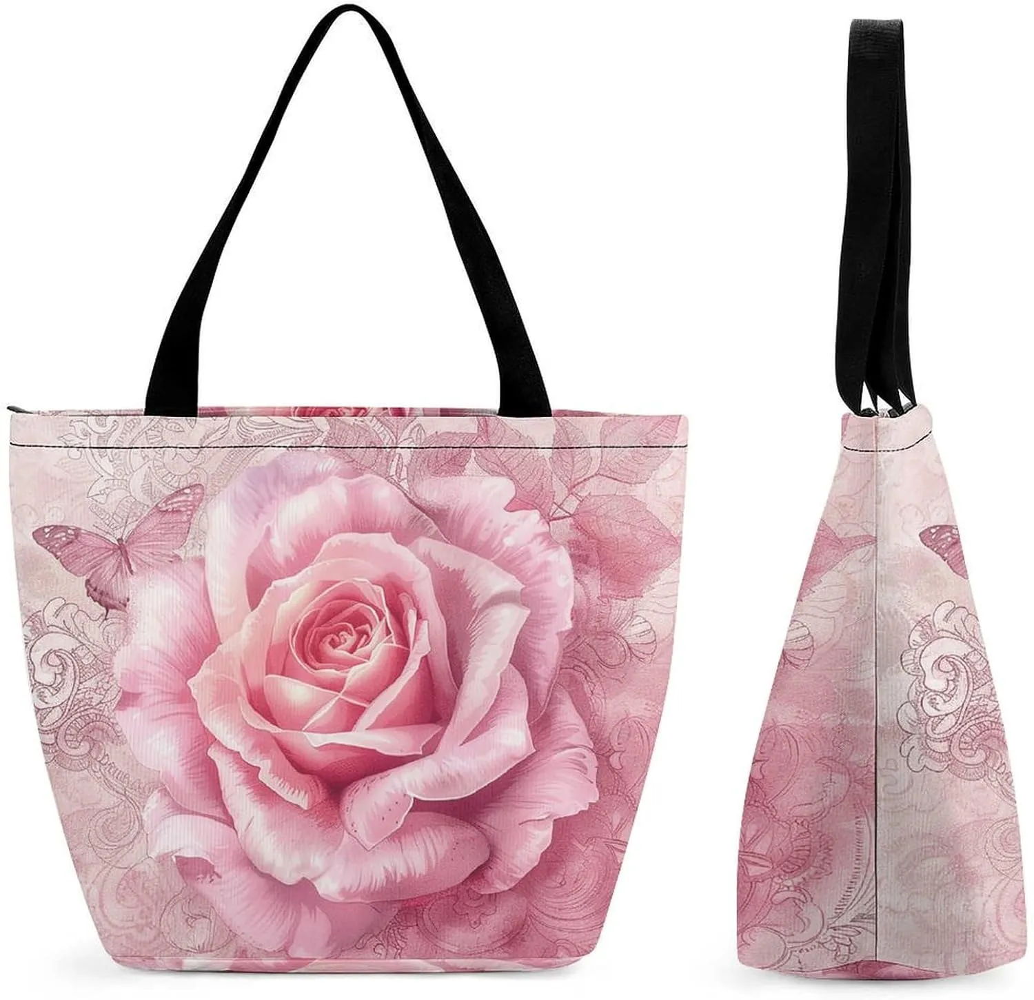 Delicate Peach Butterfly Reusable Shopping Handbag Large Lady Casual Shoulder Bag Handbag Foldable Beach Bag Travel Wallet Grocery Bags for Women