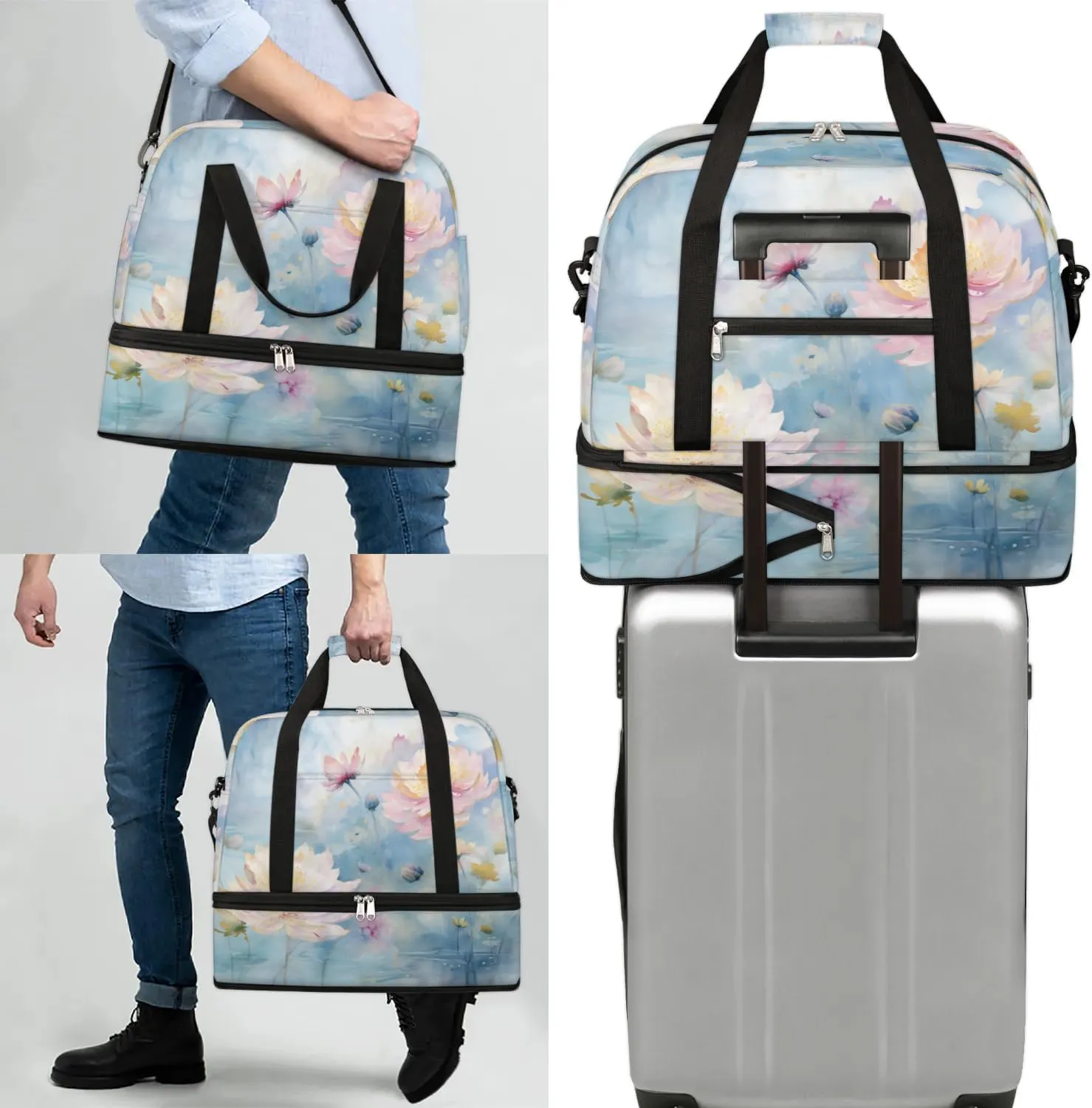 Delicate Retro Flora Patterns Travel Duffle Bag, Collapsible Travel Bag Sports Gym Bag With Shoes Compartment Weekender Bag Overnight Bag For Women Men