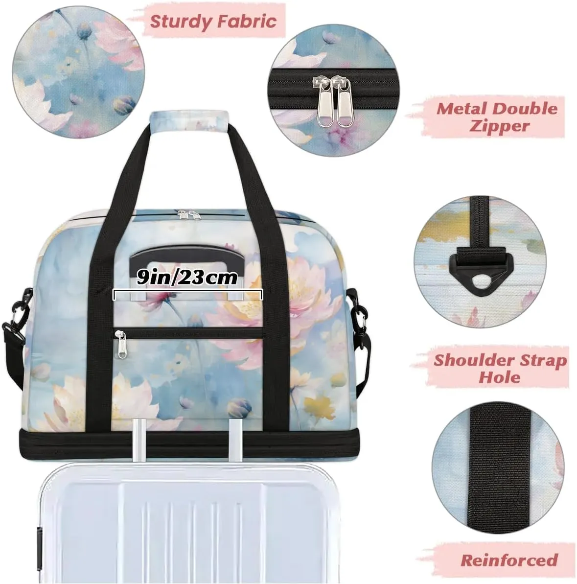 Delicate Retro Flora Patterns Travel Duffle Bag, Collapsible Travel Bag Sports Gym Bag With Shoes Compartment Weekender Bag Overnight Bag For Women Men