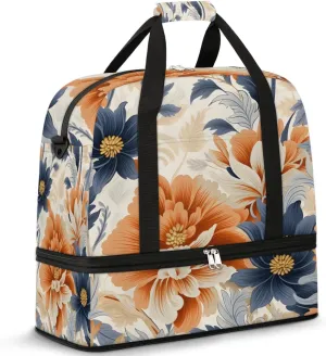 Delicate Retro Flowers Patterns Travel Duffle Bag, Collapsible Travel Bag Sports Gym Bag With Shoes Compartment Weekender Bag Overnight Bag For Women Men