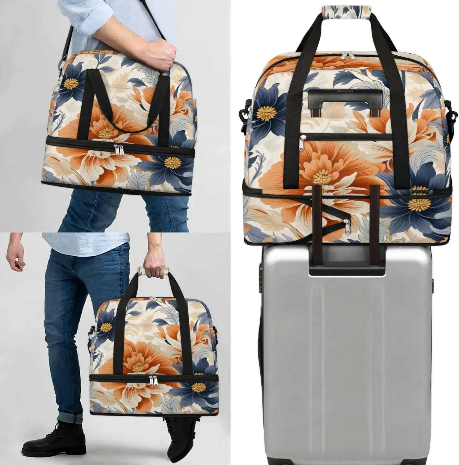 Delicate Retro Flowers Patterns Travel Duffle Bag, Collapsible Travel Bag Sports Gym Bag With Shoes Compartment Weekender Bag Overnight Bag For Women Men