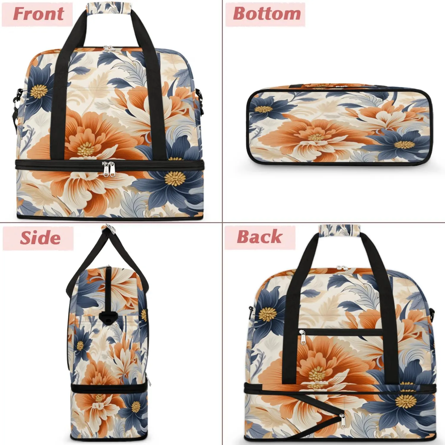 Delicate Retro Flowers Patterns Travel Duffle Bag, Collapsible Travel Bag Sports Gym Bag With Shoes Compartment Weekender Bag Overnight Bag For Women Men