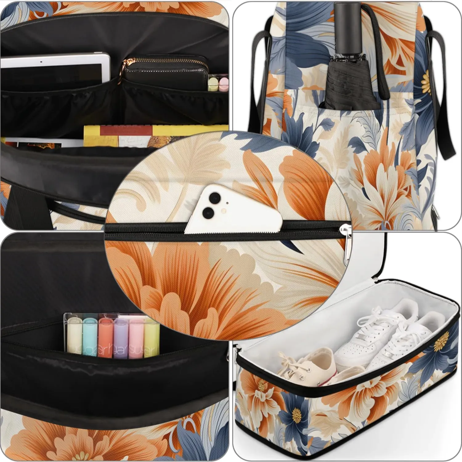 Delicate Retro Flowers Patterns Travel Duffle Bag, Collapsible Travel Bag Sports Gym Bag With Shoes Compartment Weekender Bag Overnight Bag For Women Men