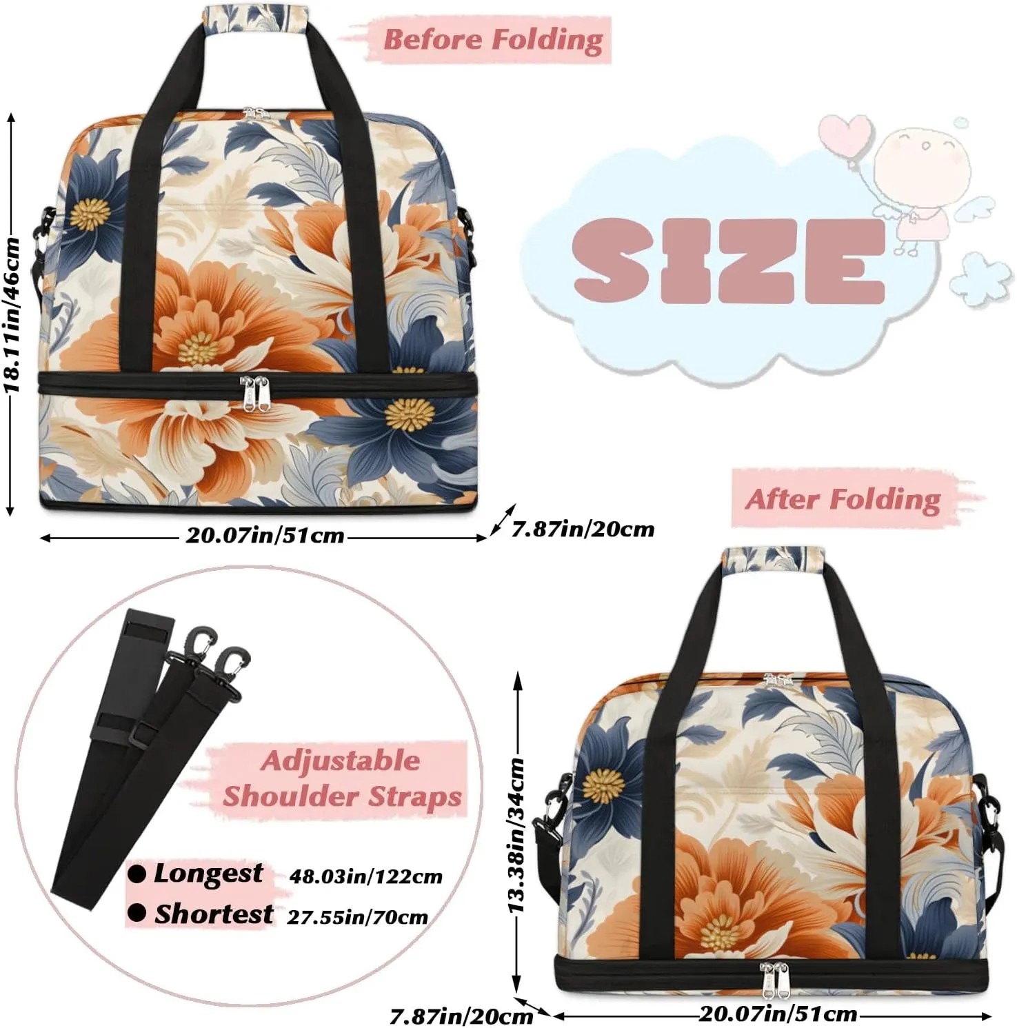 Delicate Retro Flowers Patterns Travel Duffle Bag, Collapsible Travel Bag Sports Gym Bag With Shoes Compartment Weekender Bag Overnight Bag For Women Men