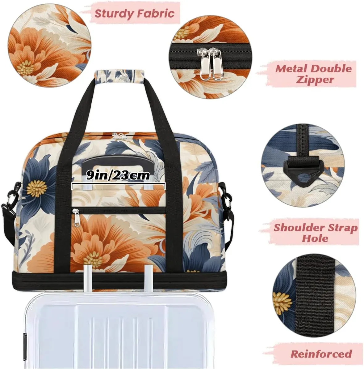 Delicate Retro Flowers Patterns Travel Duffle Bag, Collapsible Travel Bag Sports Gym Bag With Shoes Compartment Weekender Bag Overnight Bag For Women Men