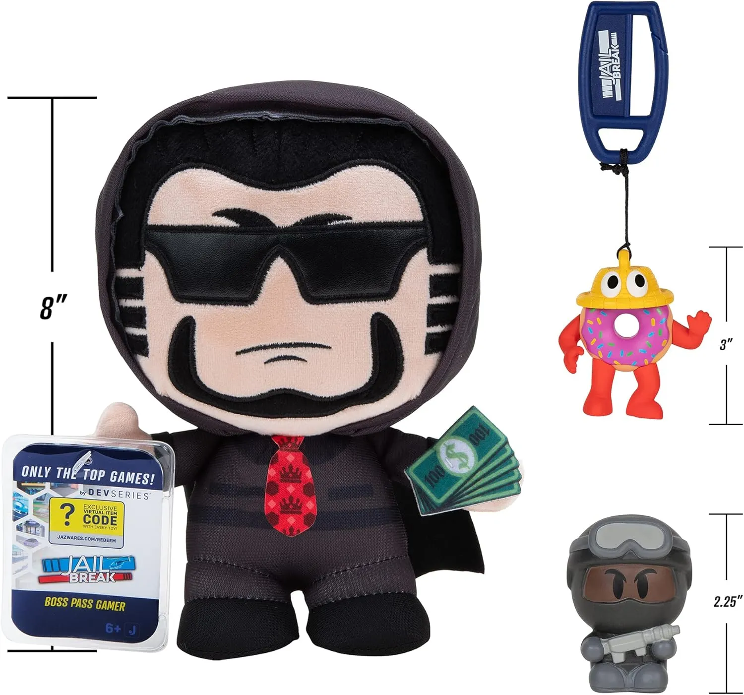 DevSeries Jailbreak Collector Bundle - Three Exclusive Virtual Item Codes with Boss Pass Gamer Plush, SWAT Pass Gamer Squooshems, and Mr. Donut Hanger