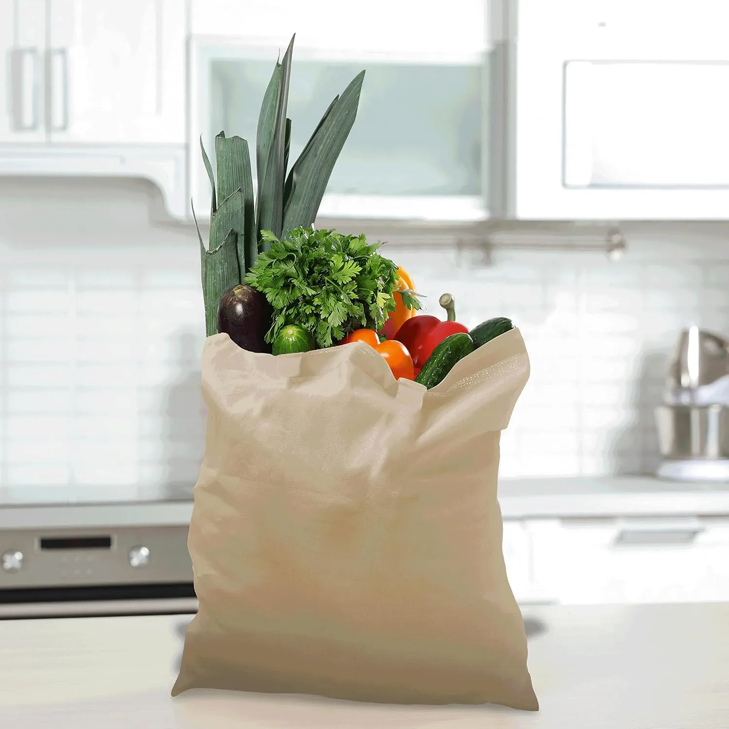 DISCOUNT PROMOS Cotton Canvas Tote Bags Set of 10, Bulk Pack - Reusable, Great for Shopping, Grocery, Beach, Picnic, Wedding Favors - Natural