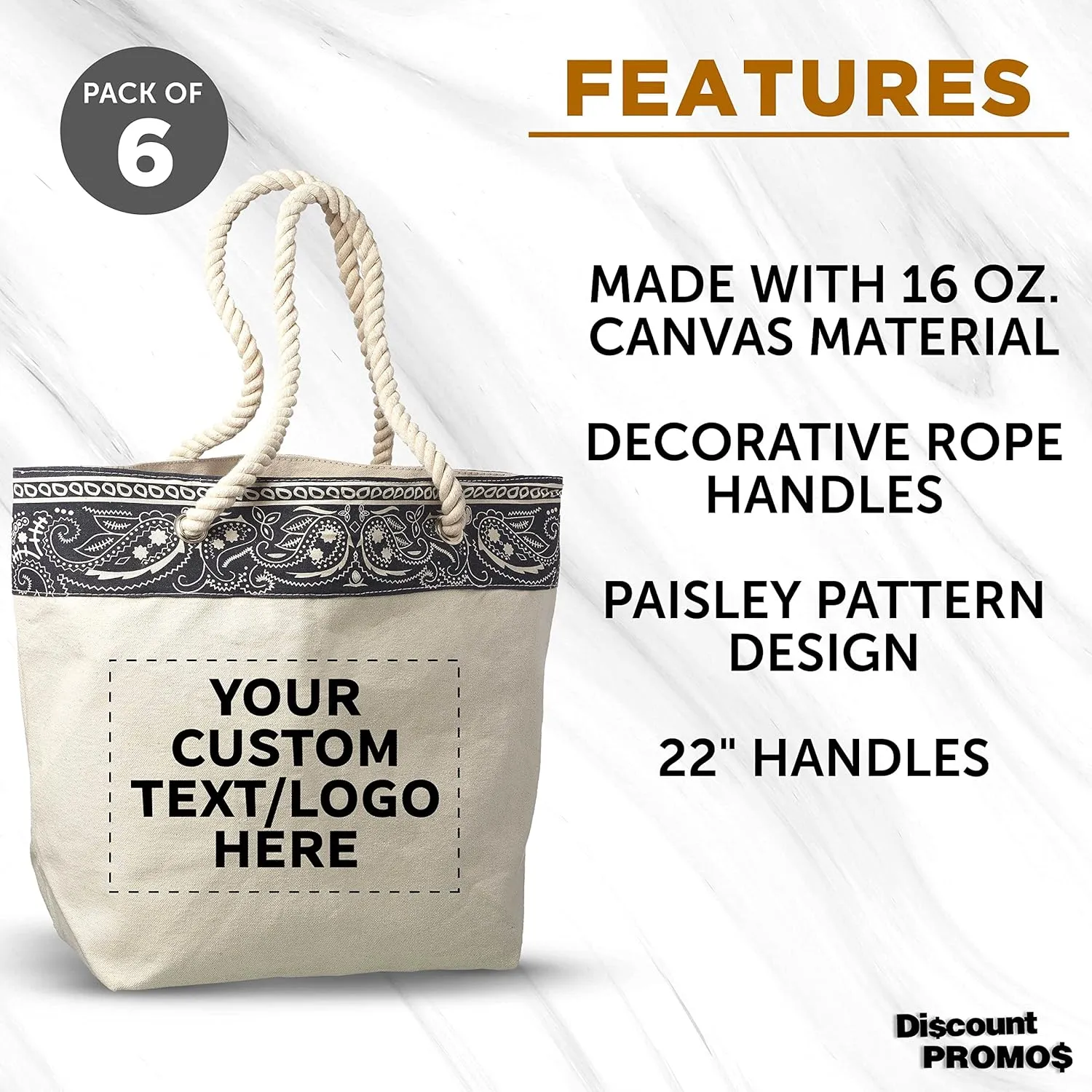DISCOUNT PROMOS Custom Paisley Pattern Canvas Tote Bags Set of 6, Personalized Bulk Pack - Cool Modern Design, Perfect For Everyday Use - Natural