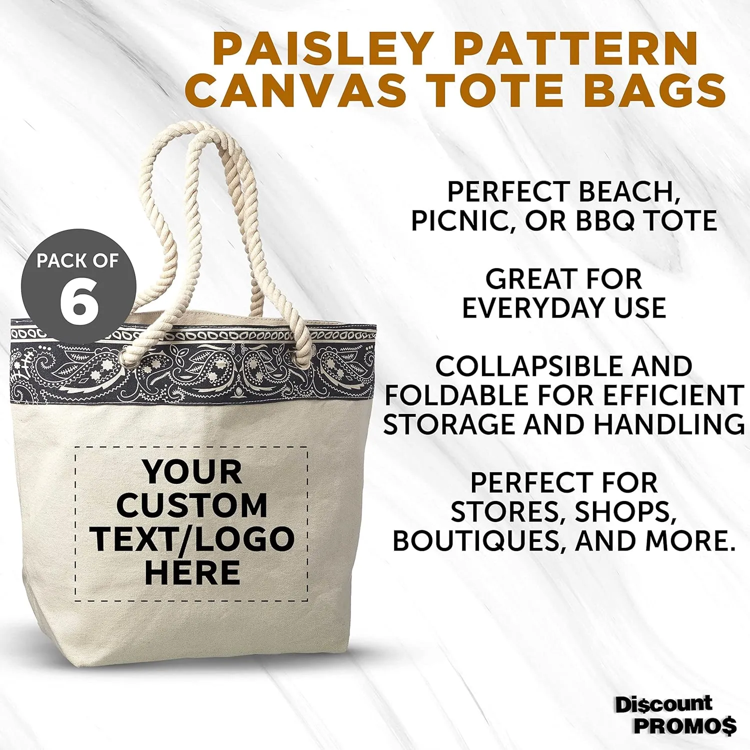 DISCOUNT PROMOS Custom Paisley Pattern Canvas Tote Bags Set of 6, Personalized Bulk Pack - Cool Modern Design, Perfect For Everyday Use - Natural