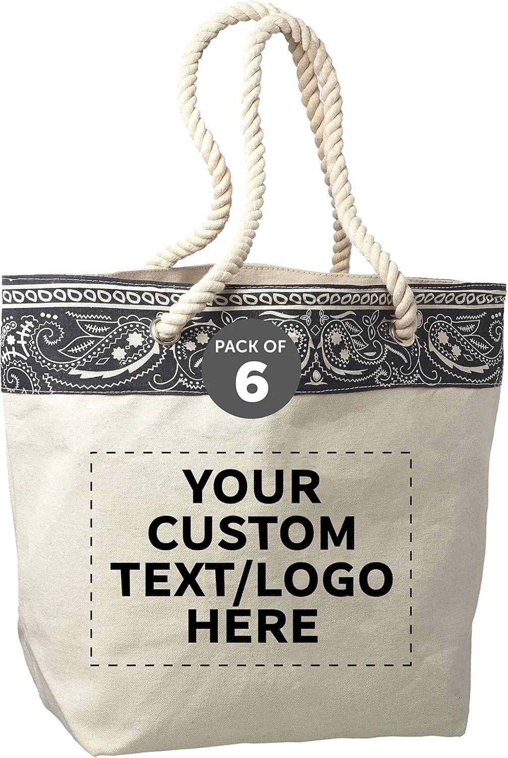 DISCOUNT PROMOS Custom Paisley Pattern Canvas Tote Bags Set of 6, Personalized Bulk Pack - Cool Modern Design, Perfect For Everyday Use - Natural