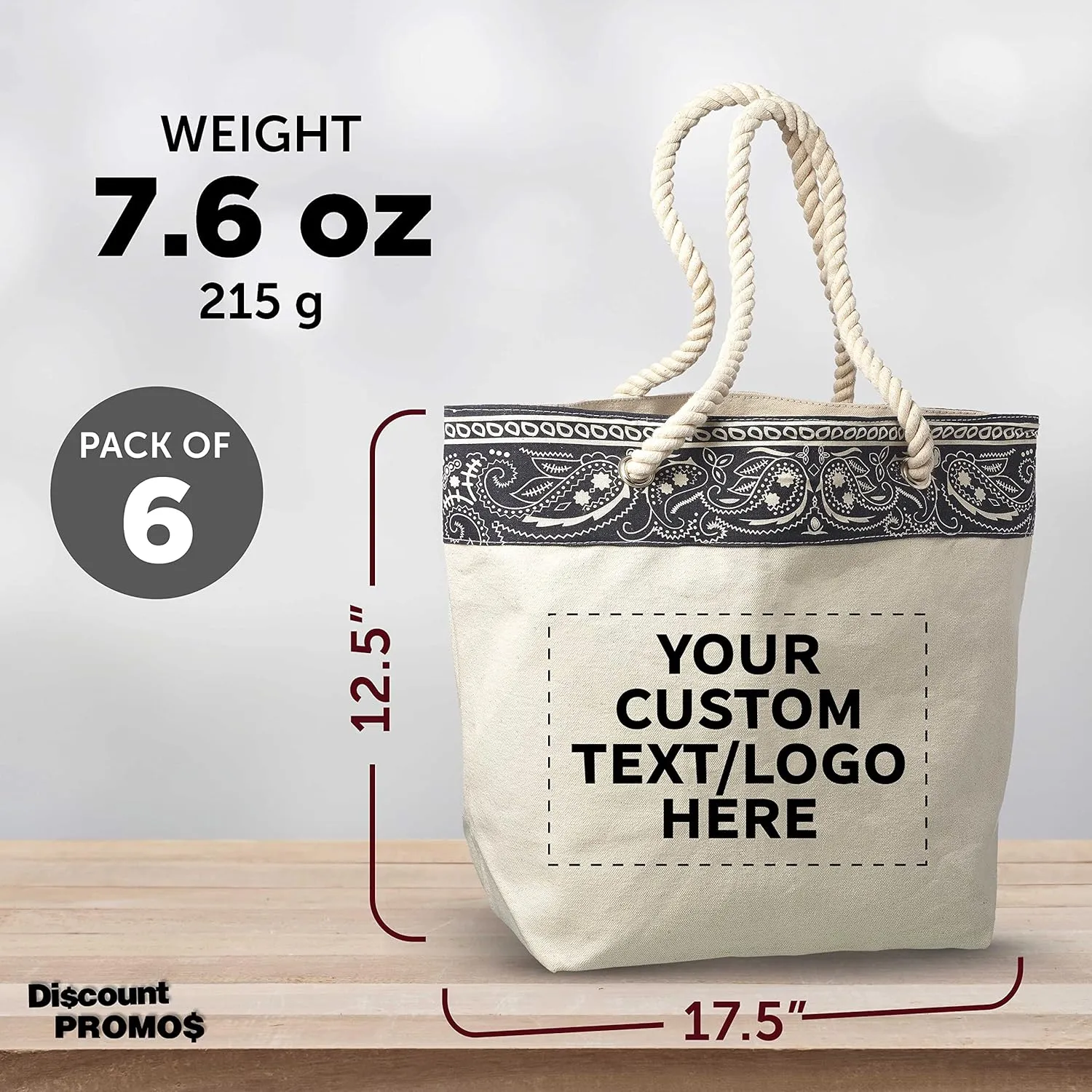 DISCOUNT PROMOS Custom Paisley Pattern Canvas Tote Bags Set of 6, Personalized Bulk Pack - Cool Modern Design, Perfect For Everyday Use - Natural