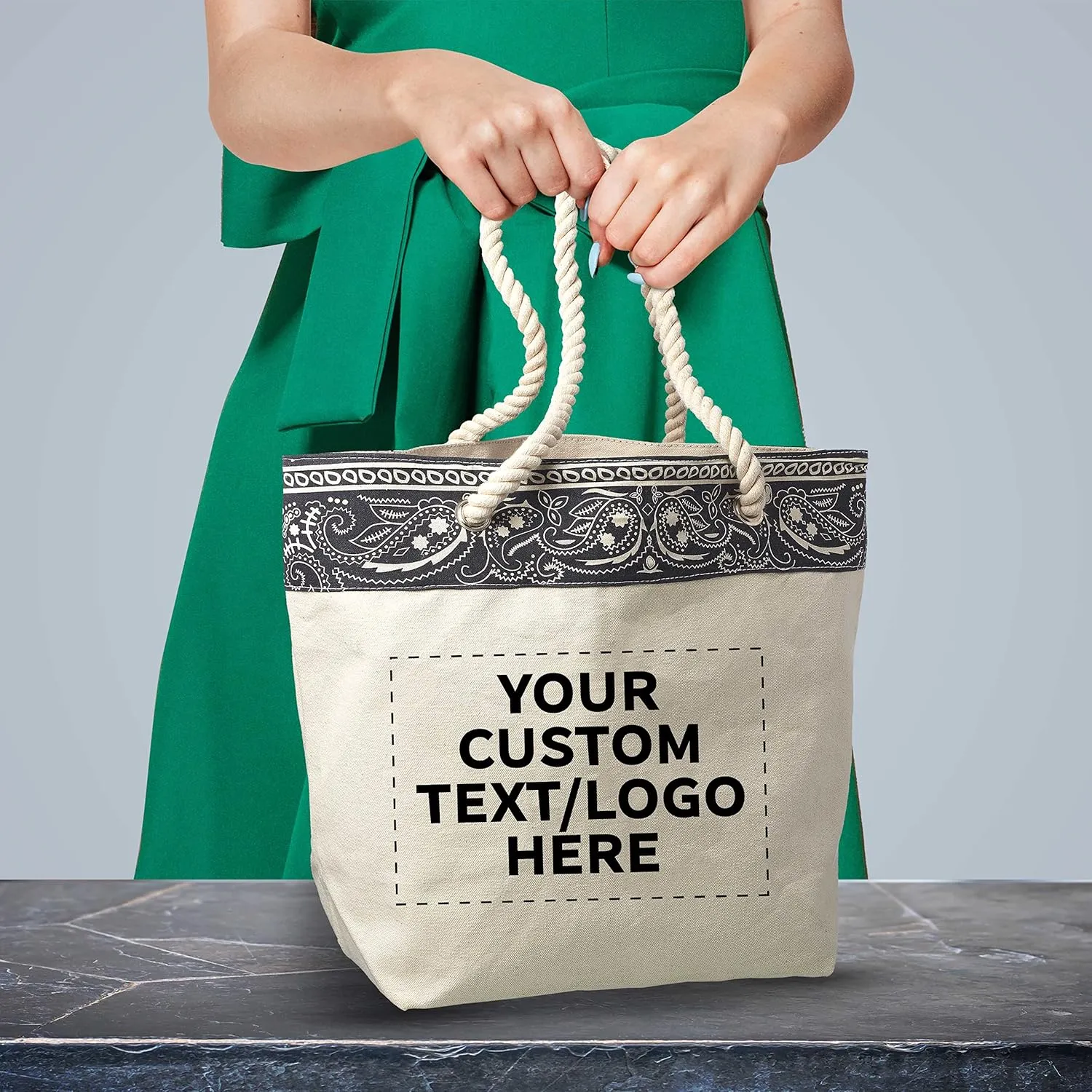 DISCOUNT PROMOS Custom Paisley Pattern Canvas Tote Bags Set of 6, Personalized Bulk Pack - Cool Modern Design, Perfect For Everyday Use - Natural