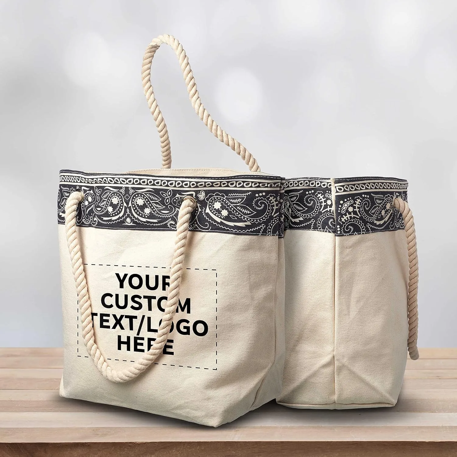 DISCOUNT PROMOS Custom Paisley Pattern Canvas Tote Bags Set of 6, Personalized Bulk Pack - Cool Modern Design, Perfect For Everyday Use - Natural