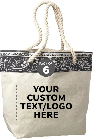 DISCOUNT PROMOS Custom Paisley Pattern Canvas Tote Bags Set of 6, Personalized Bulk Pack - Cool Modern Design, Perfect For Everyday Use - Natural