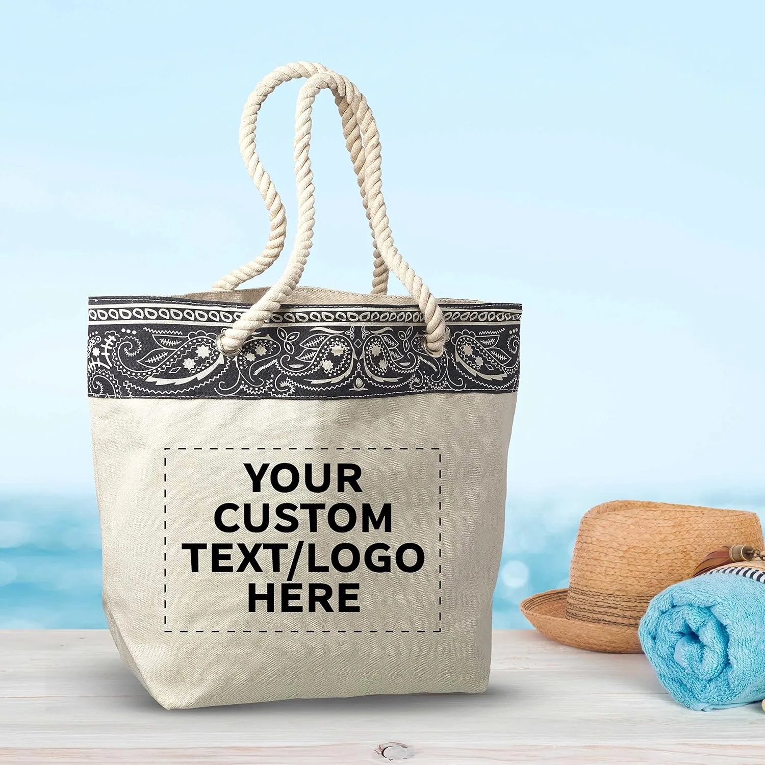 DISCOUNT PROMOS Custom Paisley Pattern Canvas Tote Bags Set of 6, Personalized Bulk Pack - Cool Modern Design, Perfect For Everyday Use - Natural
