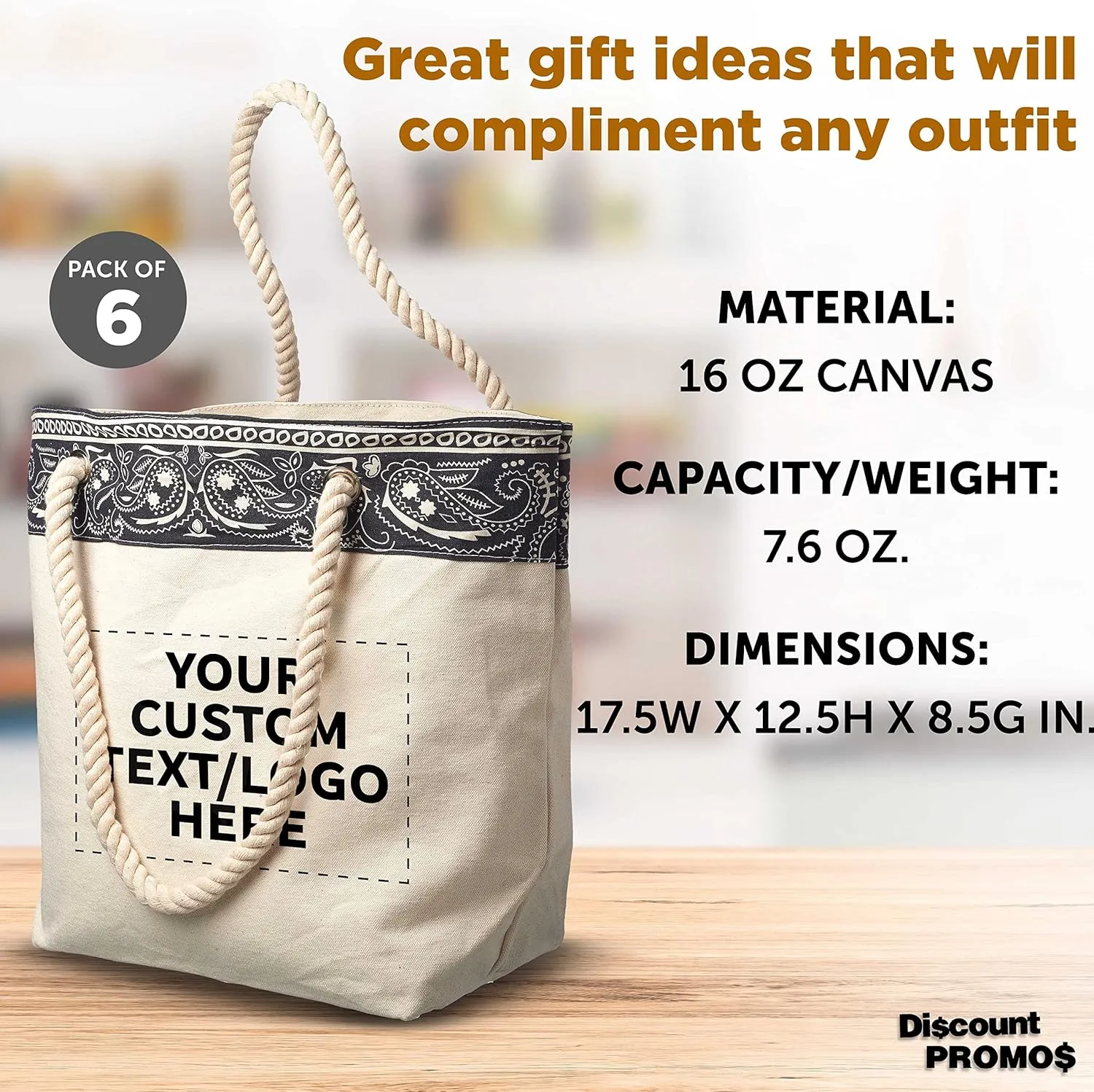 DISCOUNT PROMOS Custom Paisley Pattern Canvas Tote Bags Set of 6, Personalized Bulk Pack - Cool Modern Design, Perfect For Everyday Use - Natural
