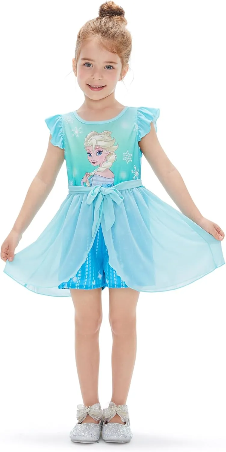 Disney Frozen Elsa Princess Ariel Minnie Mouse Toddler Girl Romper With Tulle Skirt Overlay Birthday Summer Jumpsuit 2-8Years