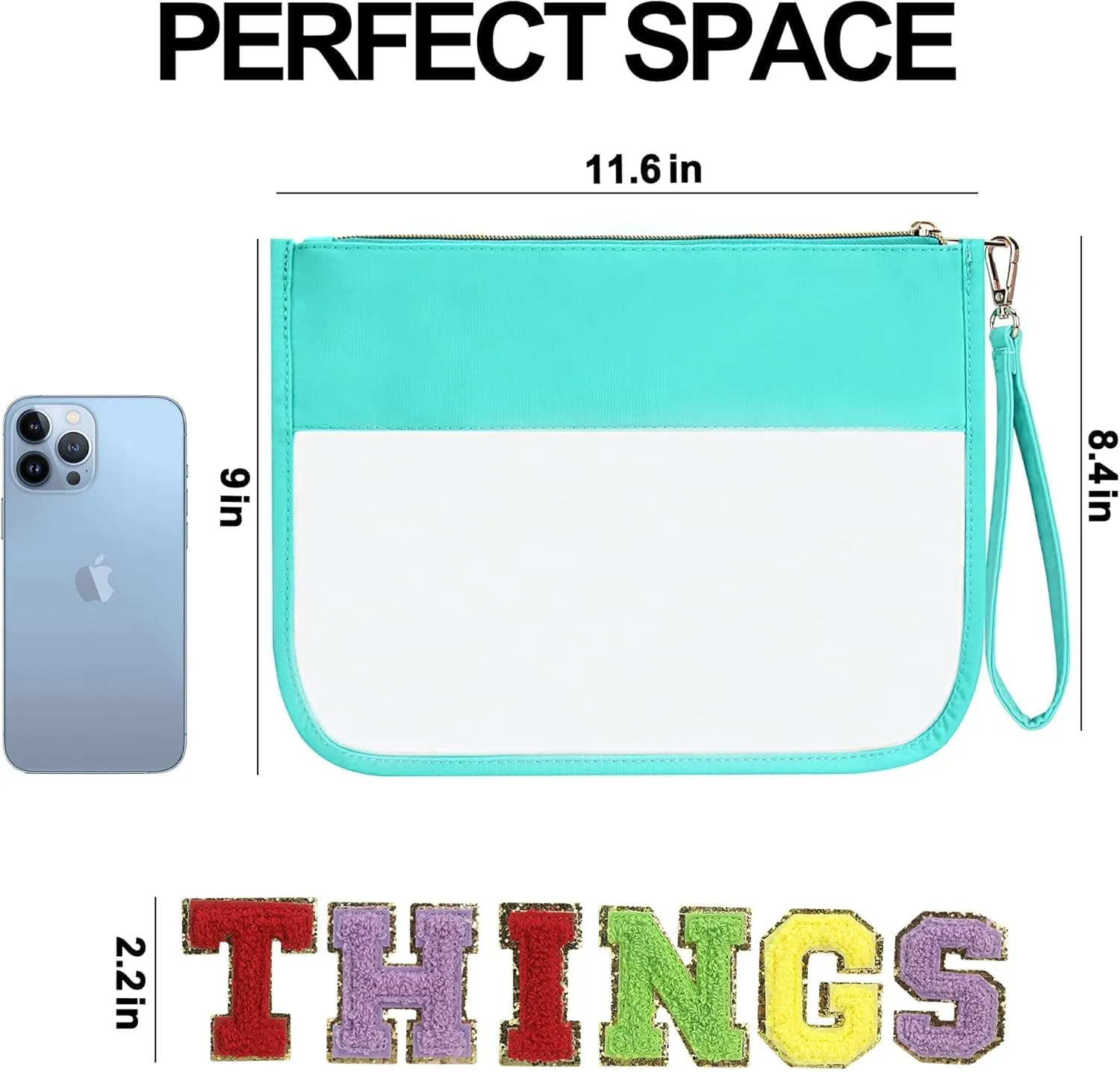 DIY Chenille Letter Bag, 26 Pieces Self Adhesive Chenille Letter Patches, Stuff Bag,Monogram Chenille Letter Travel Patch Pouch, Nylon Cosmetic Storage Bag with Wrist Strap(Blue)