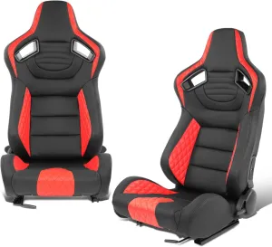 DNA MOTORING Pair of Universal Reclinable Racing Seats with Bottom Mount Sliders, 21" W X 22" D X 38" H, Black/Red, RS-JBR-003-RD