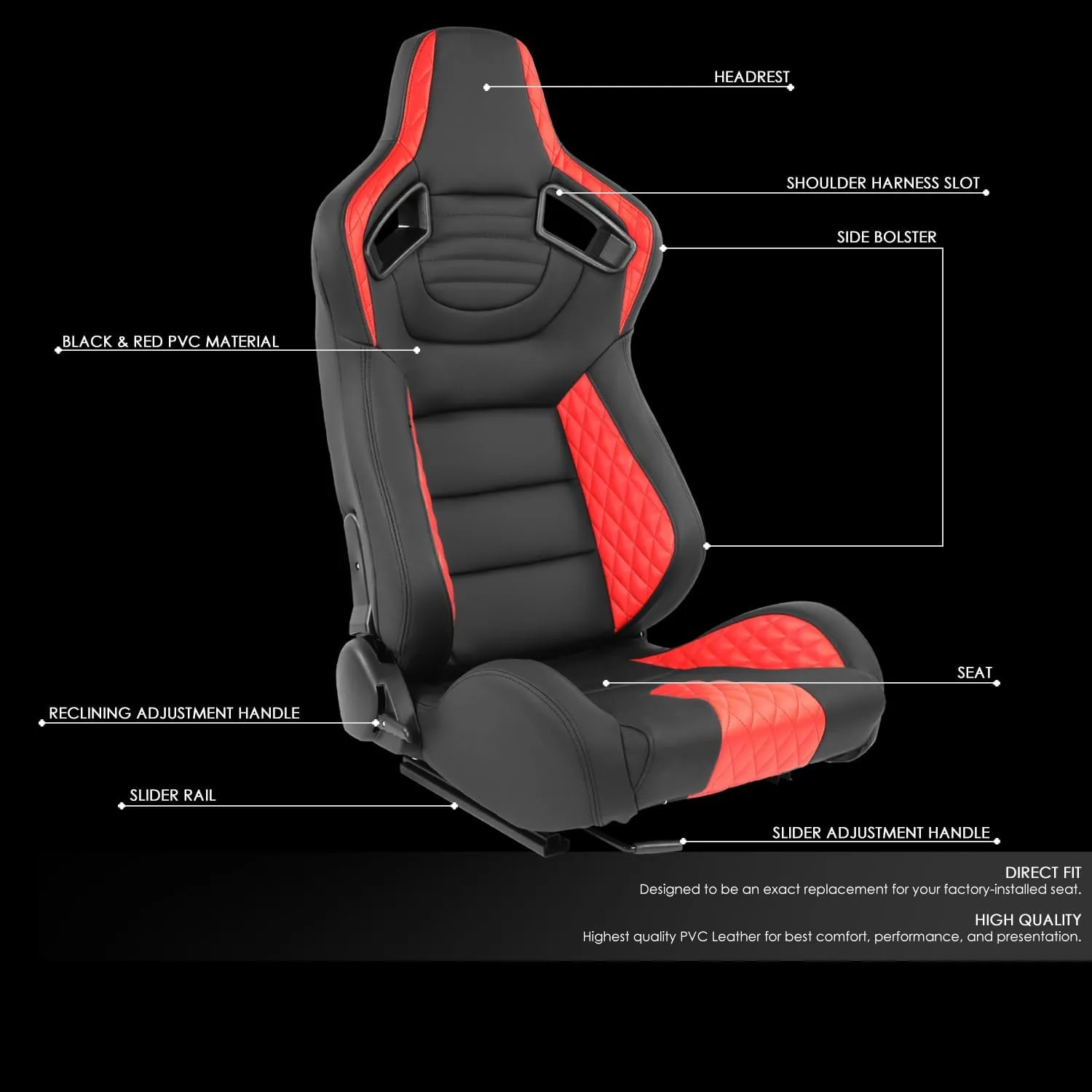 DNA MOTORING Pair of Universal Reclinable Racing Seats with Bottom Mount Sliders, 21" W X 22" D X 38" H, Black/Red, RS-JBR-003-RD