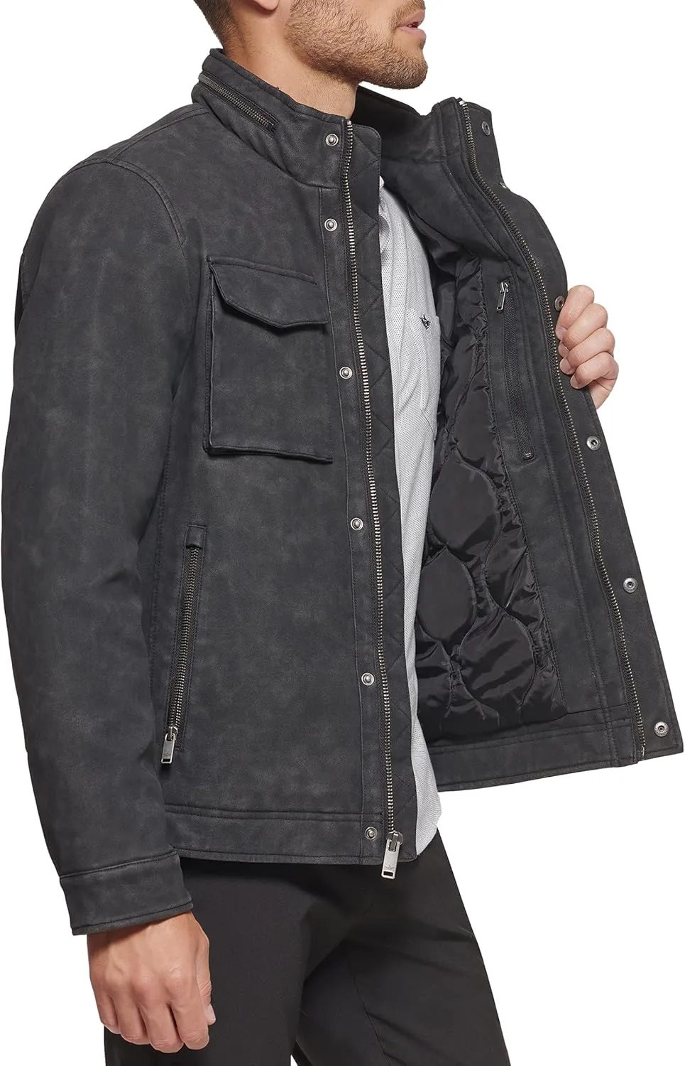 DOCKERS Men's Faux Leather Military Jacket