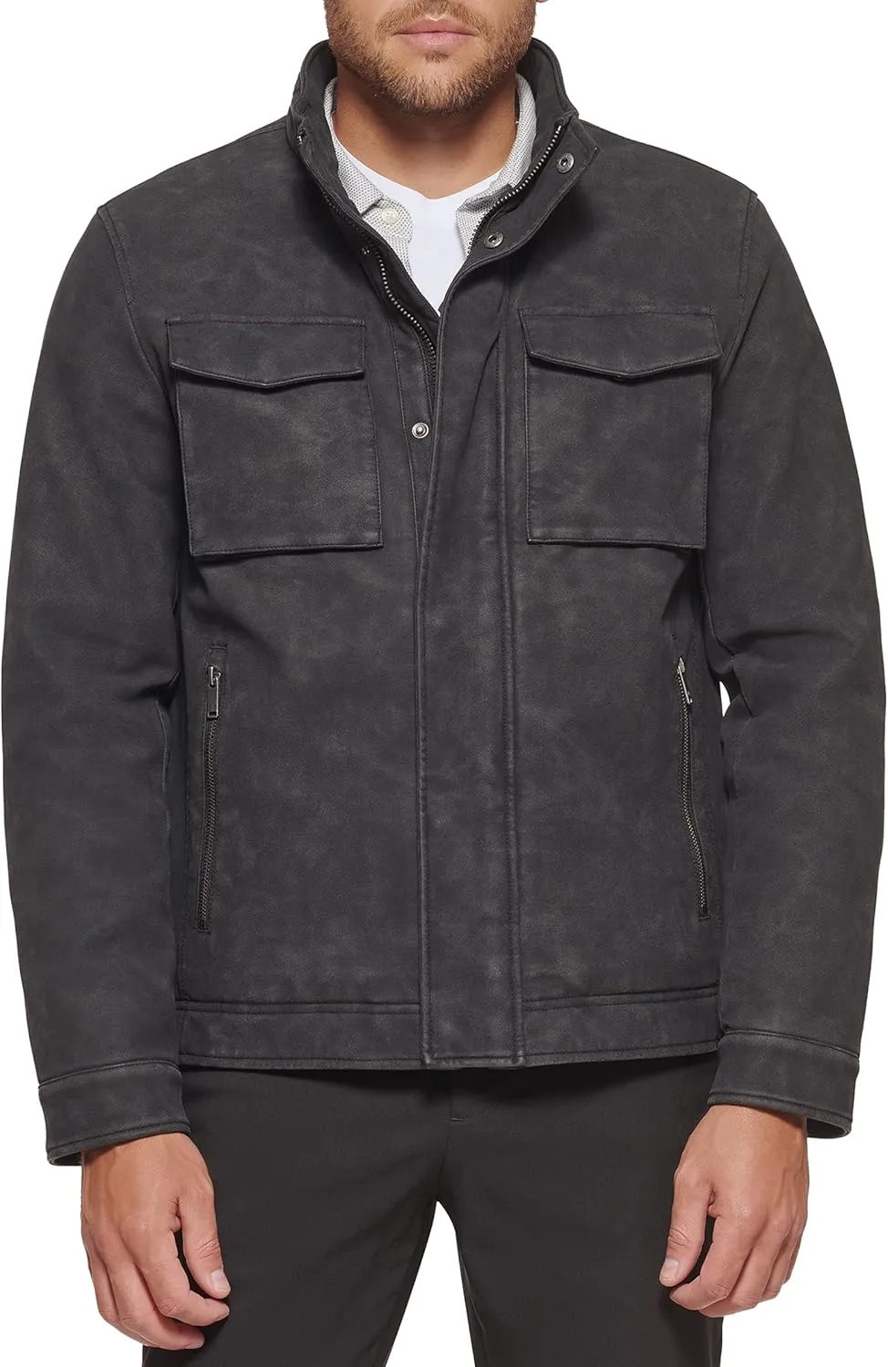 DOCKERS Men's Faux Leather Military Jacket