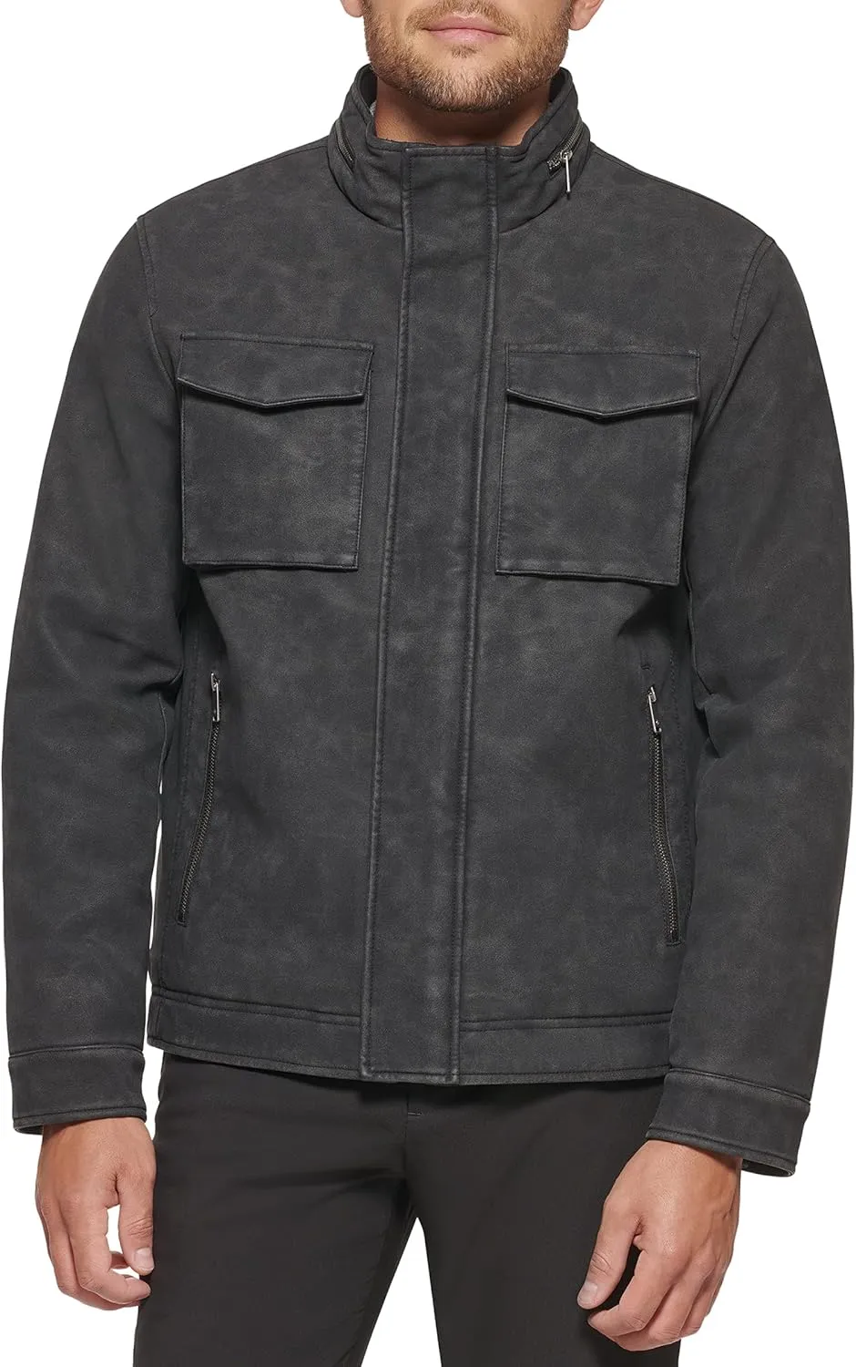 DOCKERS Men's Faux Leather Military Jacket