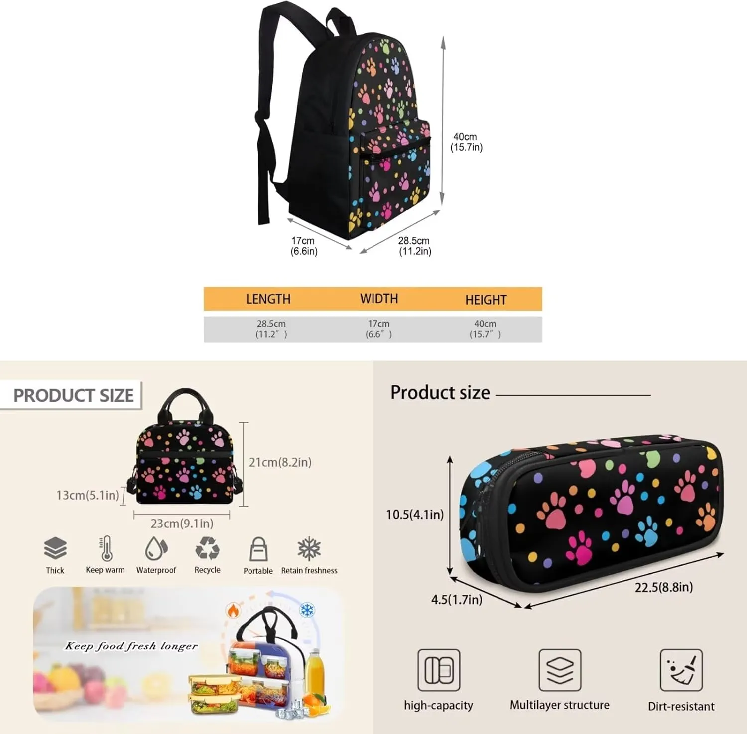 Dog Paw Print Backpack with Lunch Bag for Girls Teens 5th to 8th Grade Leakproof Backpack Lunch Bag for Kids Fashion Shoulder Bag Mini Pencil Case for Secondary Schools