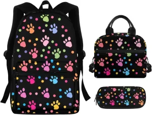 Dog Paw Print Backpack with Lunch Bag for Girls Teens 5th to 8th Grade Leakproof Backpack Lunch Bag for Kids Fashion Shoulder Bag Mini Pencil Case for Secondary Schools