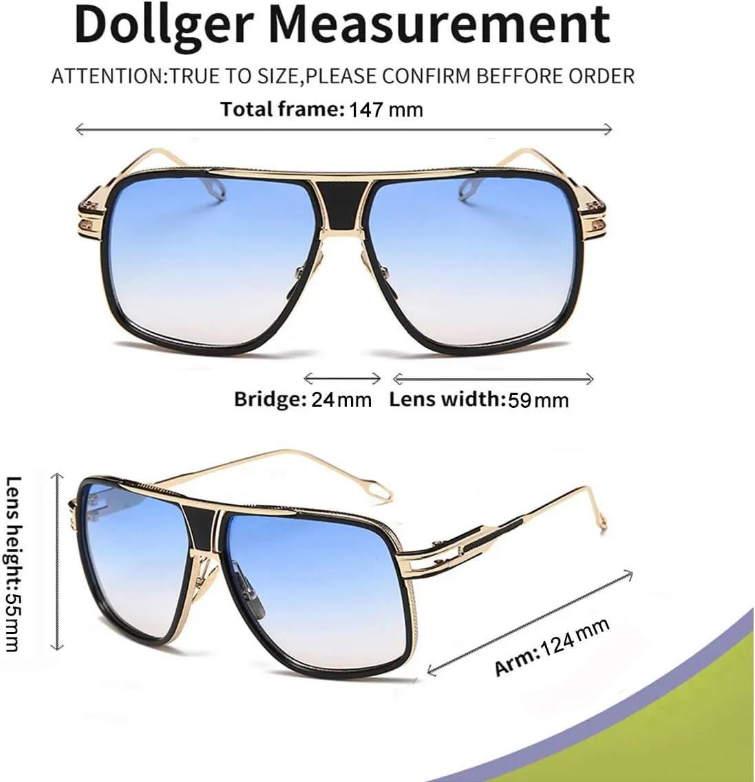 Dollger Sunglasses for Men Oversize Classic Black Shades Goggle Retro Gold Alloy Frame Sun Glasses