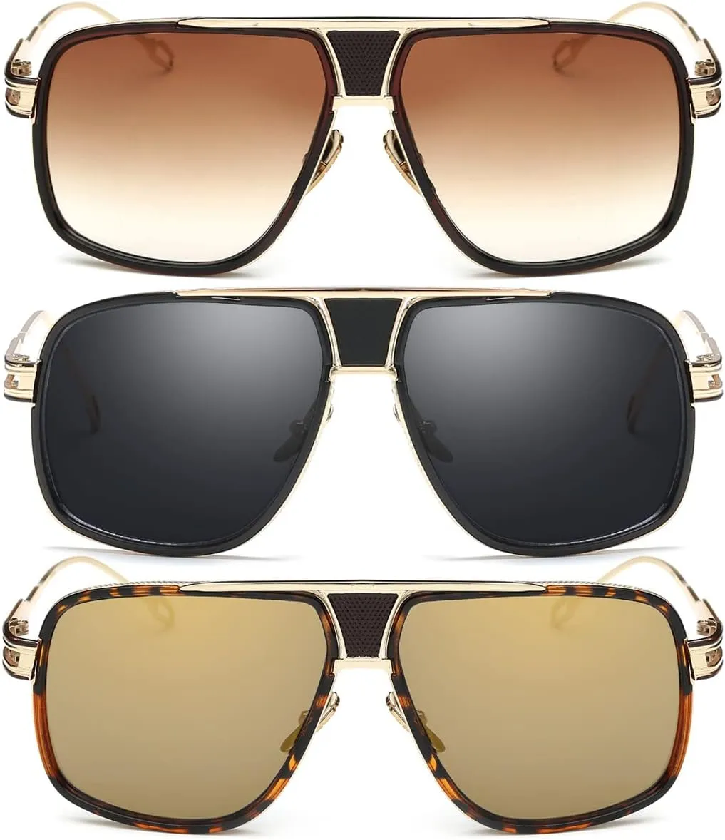 Dollger Sunglasses for Men Oversize Classic Black Shades Goggle Retro Gold Alloy Frame Sun Glasses