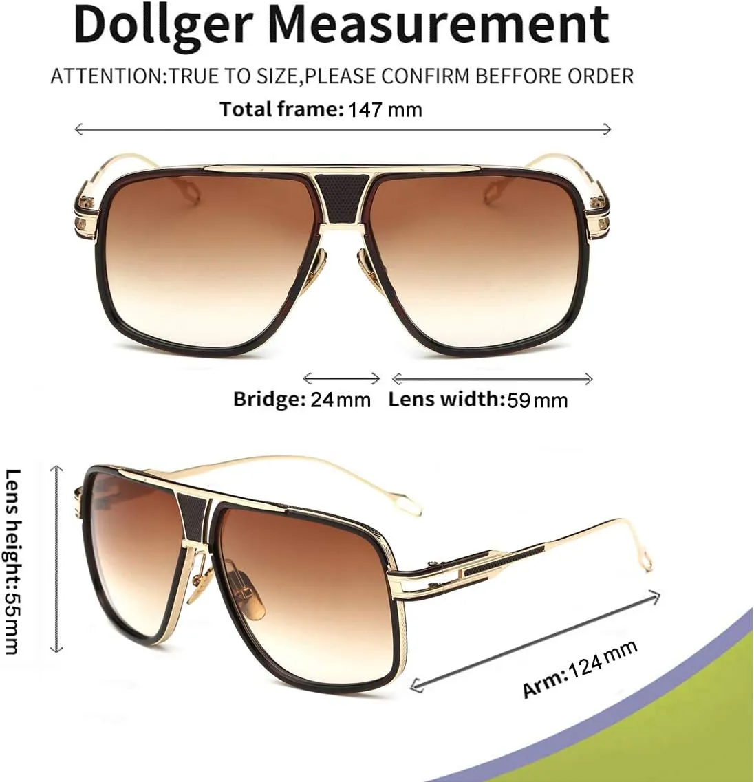 Dollger Sunglasses for Men Oversize Classic Black Shades Goggle Retro Gold Alloy Frame Sun Glasses