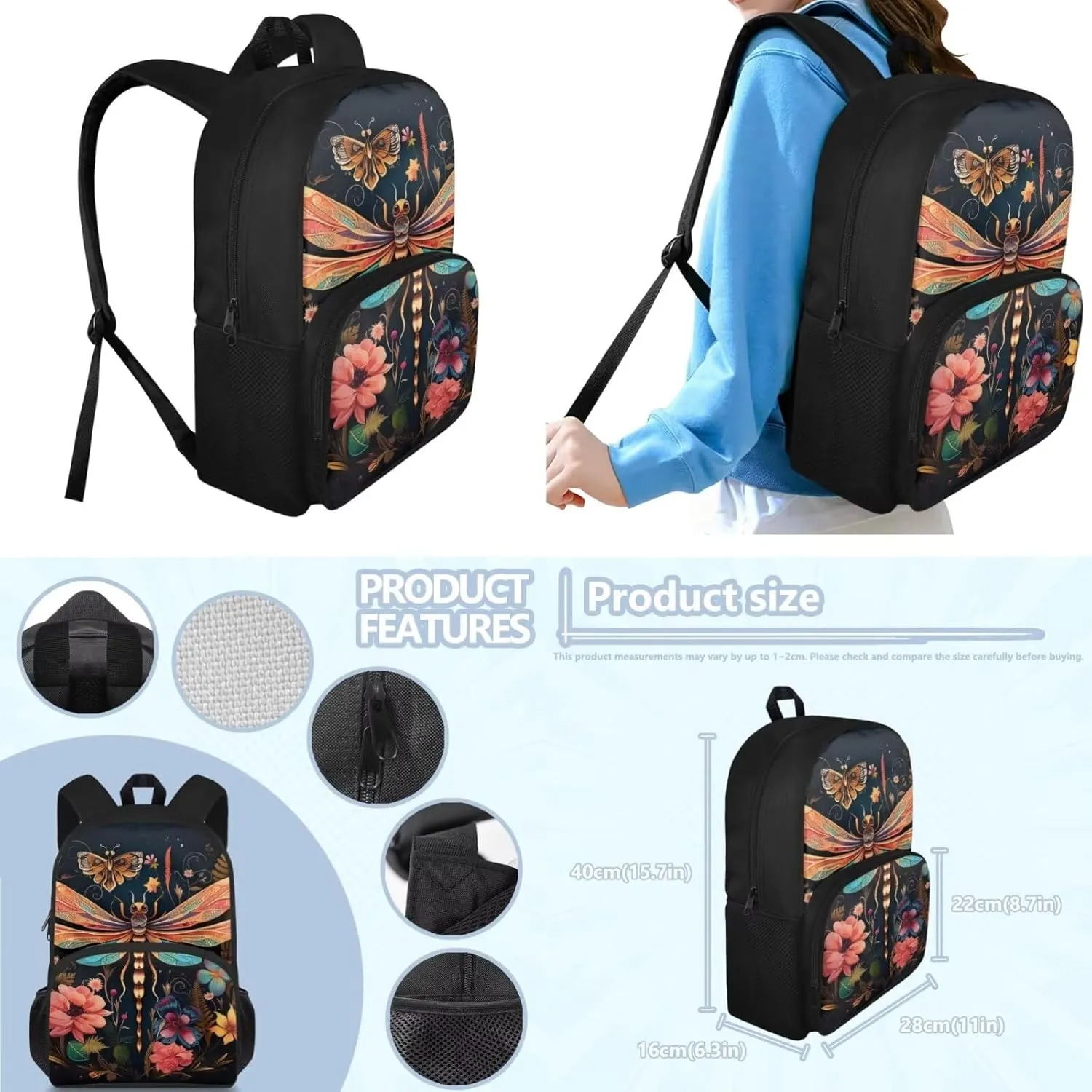 Dragonfly Backpack and Lunch Bag Set for Boys 8-12 Large Capacity School Bag Thermal Leak-proof Lunch Box with Portable Pen Case for Camping Picnic Outdoor