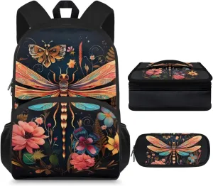 Dragonfly Backpack and Lunch Bag Set for Boys 8-12 Large Capacity School Bag Thermal Leak-proof Lunch Box with Portable Pen Case for Camping Picnic Outdoor
