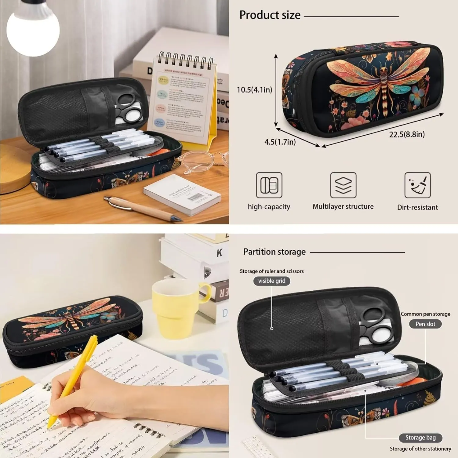 Dragonfly Backpack and Lunch Bag Set for Boys 8-12 Large Capacity School Bag Thermal Leak-proof Lunch Box with Portable Pen Case for Camping Picnic Outdoor