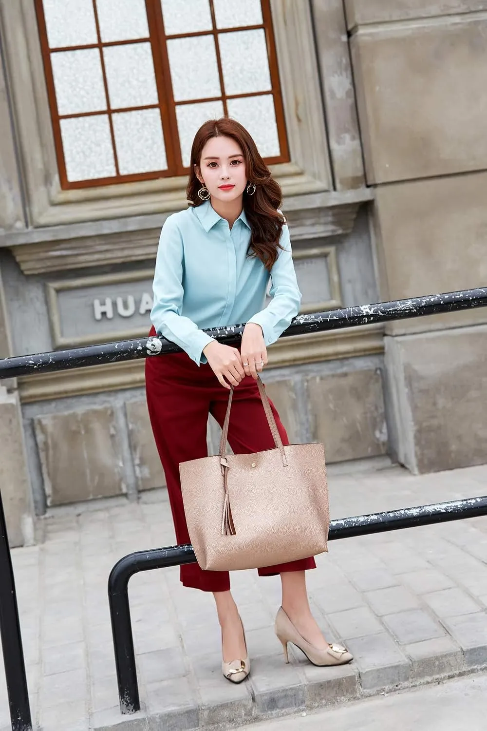 Dreubea Women's Soft Faux Leather Tote Shoulder Bag from, Big Capacity Tassel Handbag
