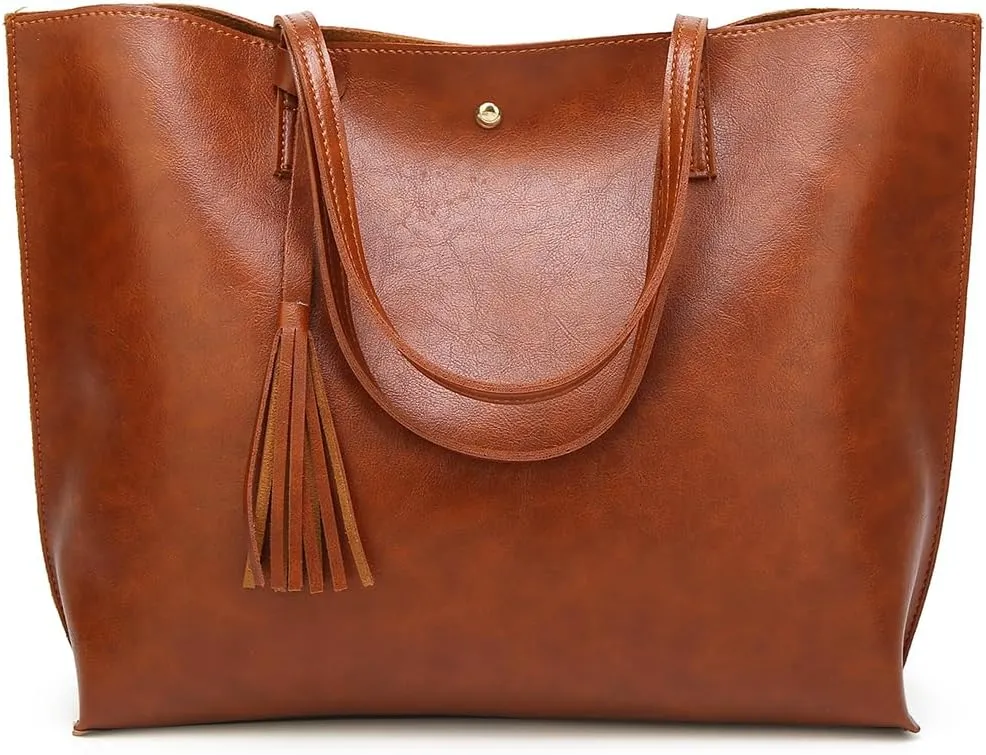 Dreubea Women's Soft Faux Leather Tote Shoulder Bag from, Big Capacity Tassel Handbag